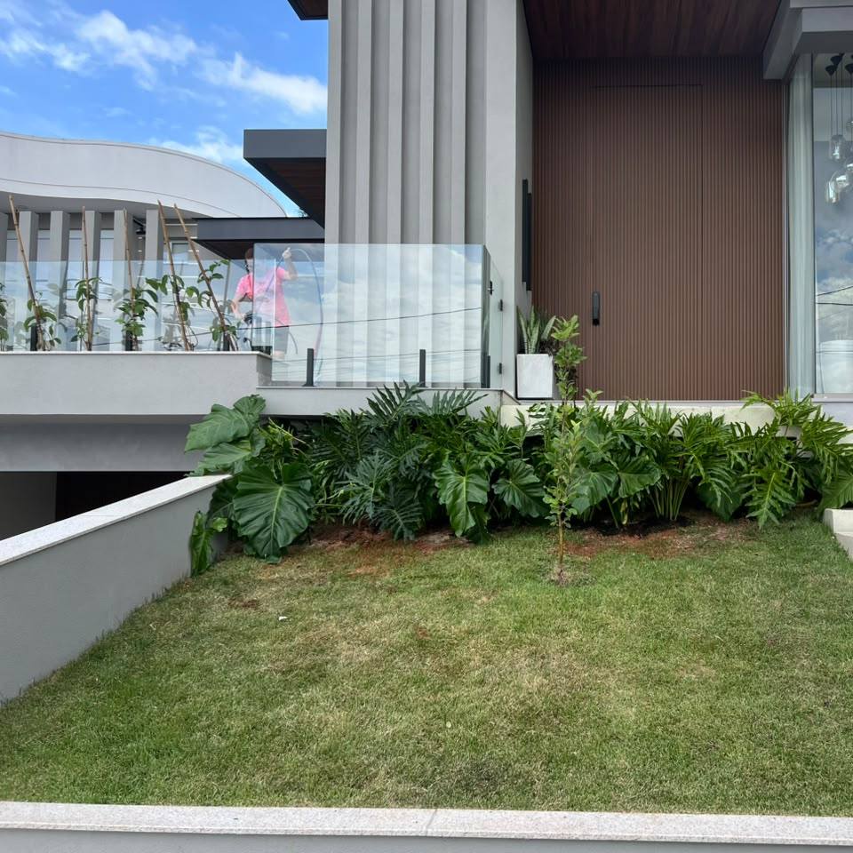 O mesmo jardim pronto, com filodendros e gramado