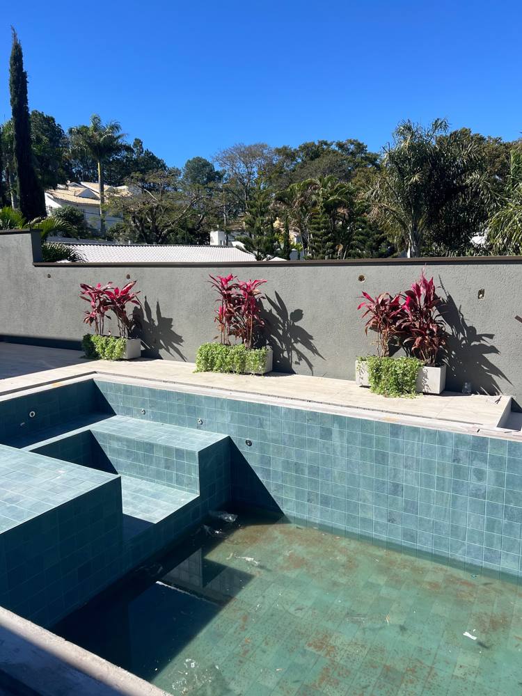 Floreiras com cordilines vermelhas na borda da piscina